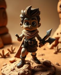 A captivating clay sculpture depicts a brave hero embarking on a Disney-style desert adventure.  The artwork features high co