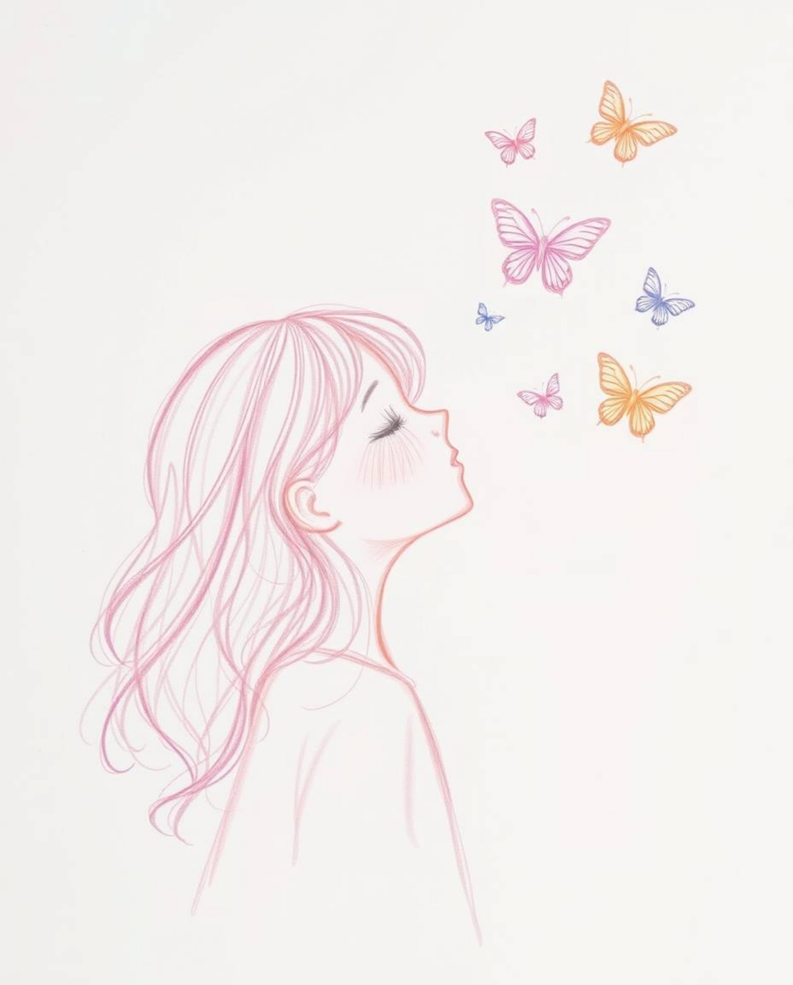 A captivating hand-drawn sketch depicts a girl with soft, wavy hair gently releasing butterflies into the air.  Rendered in s