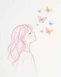 A captivating hand-drawn sketch depicts a girl with soft, wavy hair gently releasing butterflies into the air.  Rendered in s