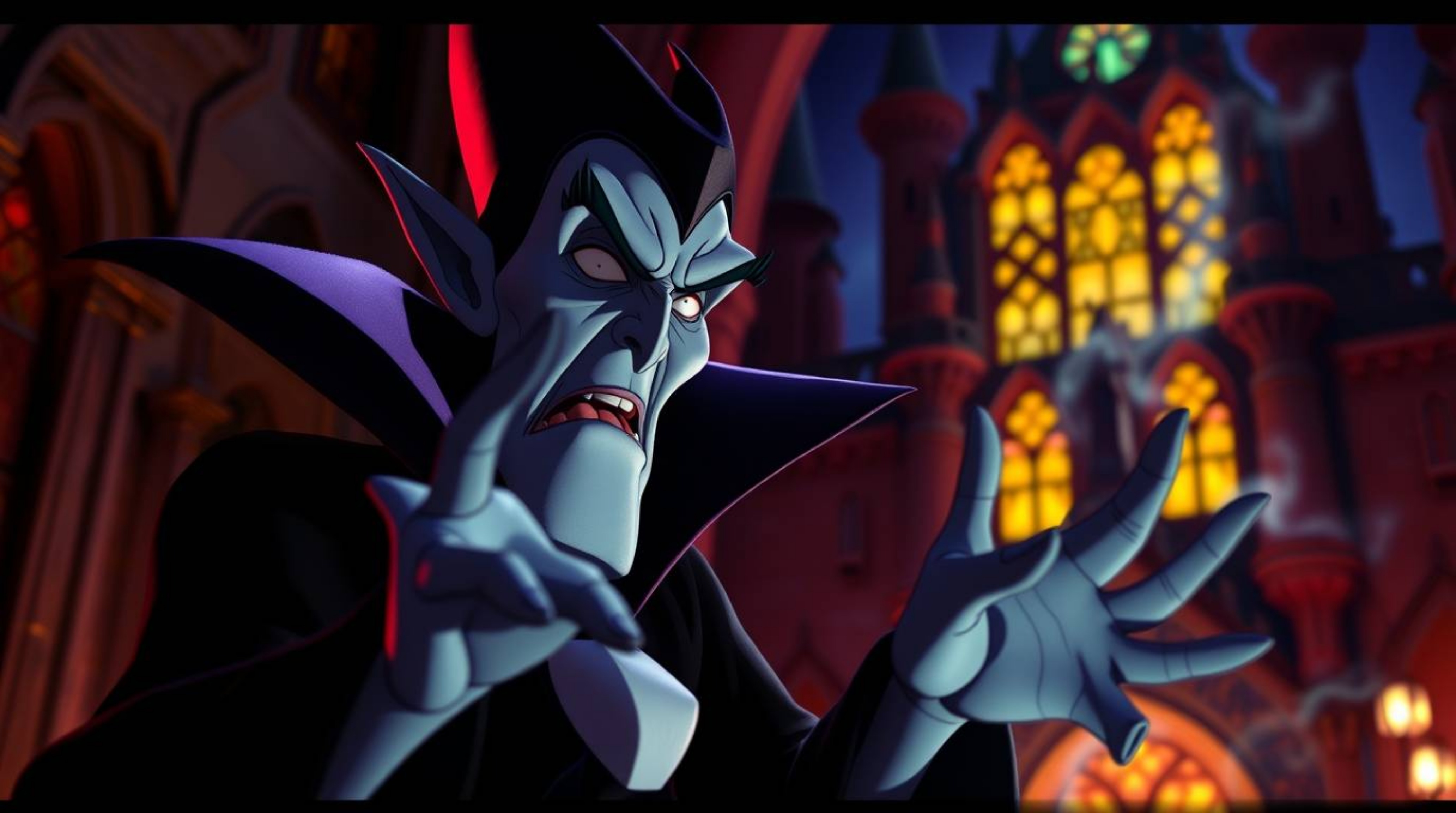 Experience a classic Disney villain brought to life in a mesmerizing scene. Bathed in intense, dramatic lighting with bright,