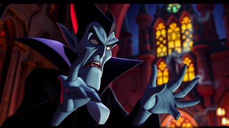 Experience a classic Disney villain brought to life in a mesmerizing scene. Bathed in intense, dramatic lighting with bright,