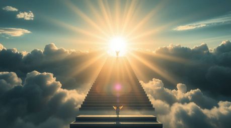 Experience an epic and modern scene in high-resolution, featuring steps of light ascending into a cloudy sky. This dreamlike 