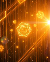 Immerse yourself in the radiant beauty of this creative light art.  Glitched geometric shapes float within a warm, golden cyb