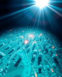 This captivating abstract city map, rendered in a rich, deep teal, presents a top-down view of geometric shapes enhanced by a