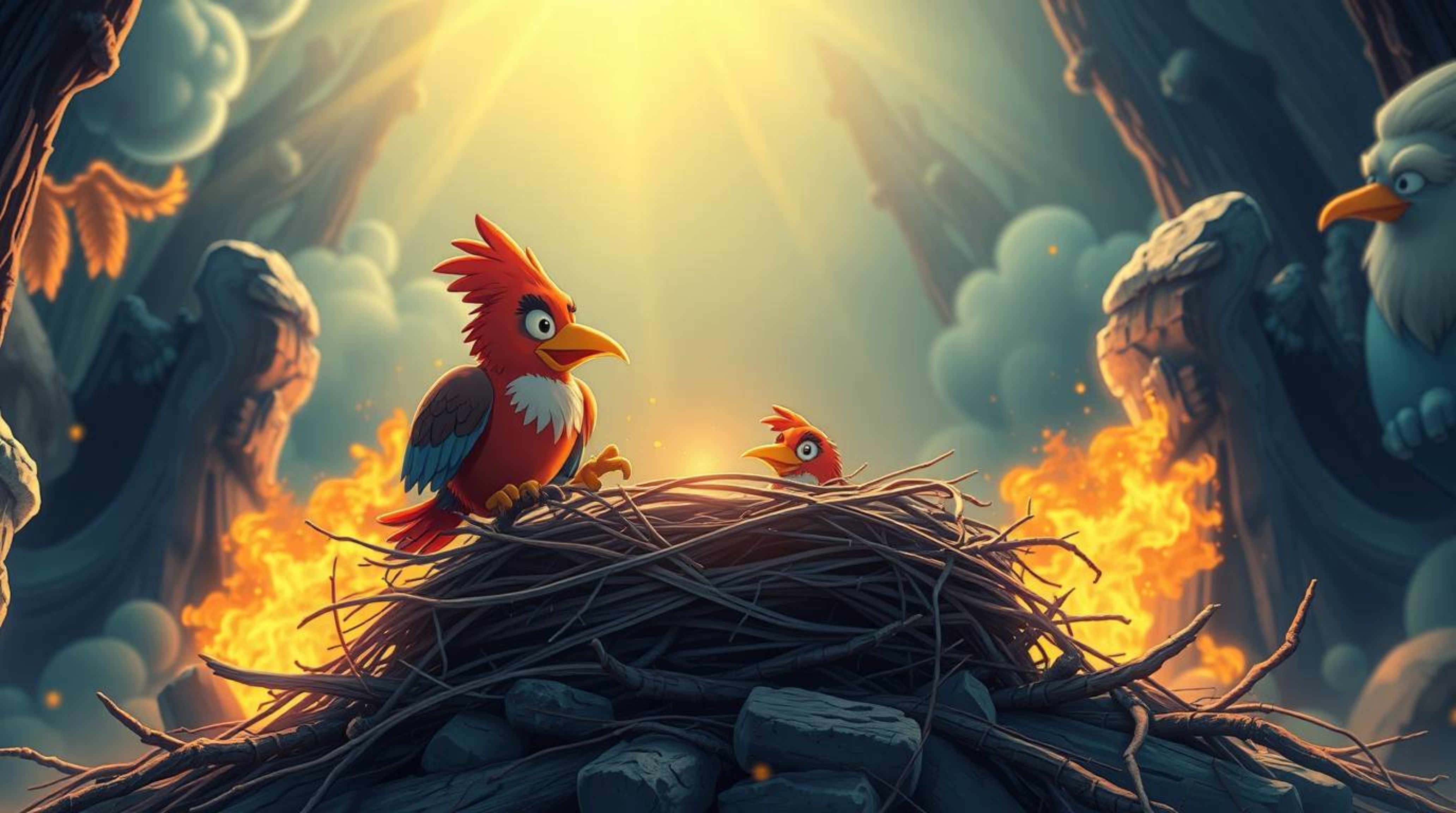 Witness a grand, epic scene of two cartoon birds diligently building their nest, rendered in a classic animation style bursti