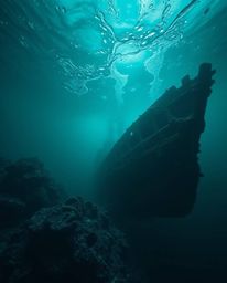Experience the captivating beauty of a deep teal underwater shipwreck scene, brought to life with intense dramatic lighting a