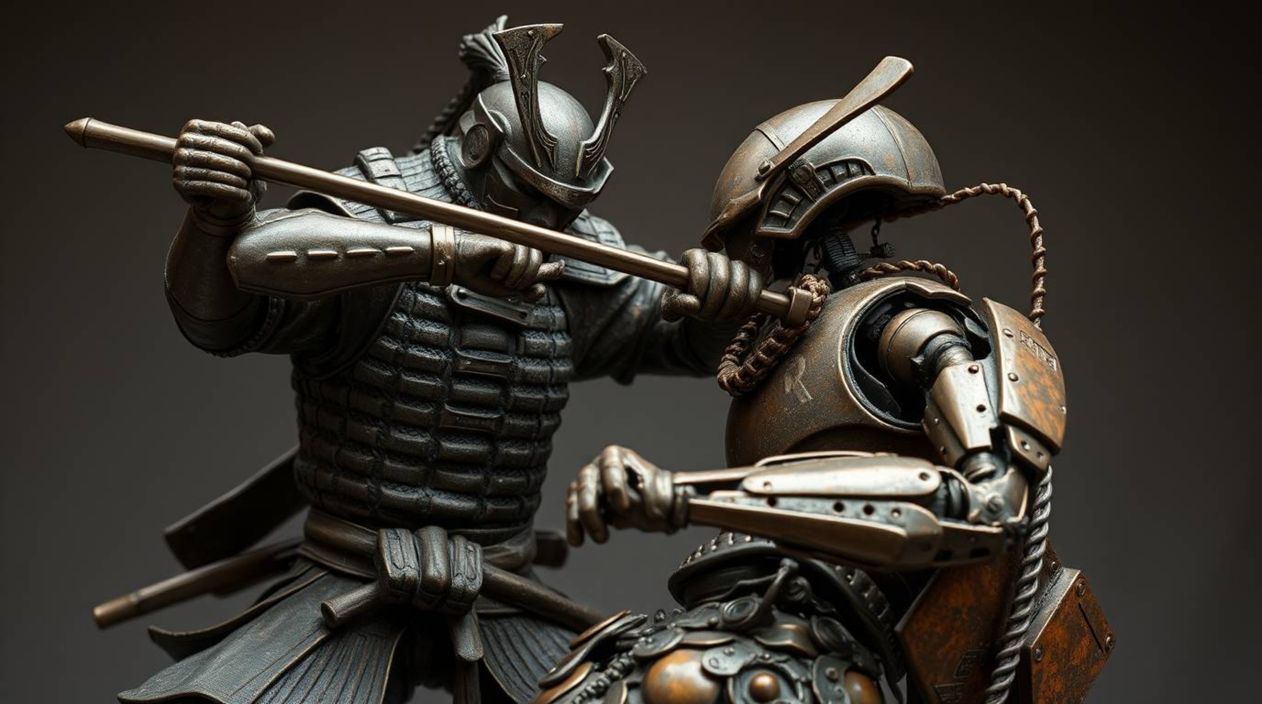 An extreme close-up showcases a cast bronze samurai engaged in a fierce battle with a robot in a dystopian world. The sculptu