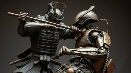 An extreme close-up showcases a cast bronze samurai engaged in a fierce battle with a robot in a dystopian world. The sculptu