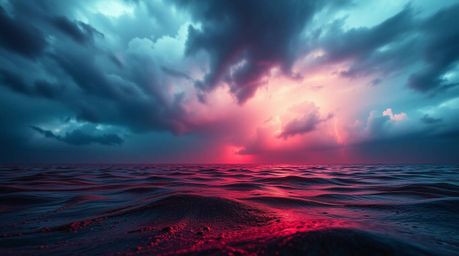 A captivating digital artwork showcasing intense dramatic weather with neon gradient textures flowing across a liquid surface