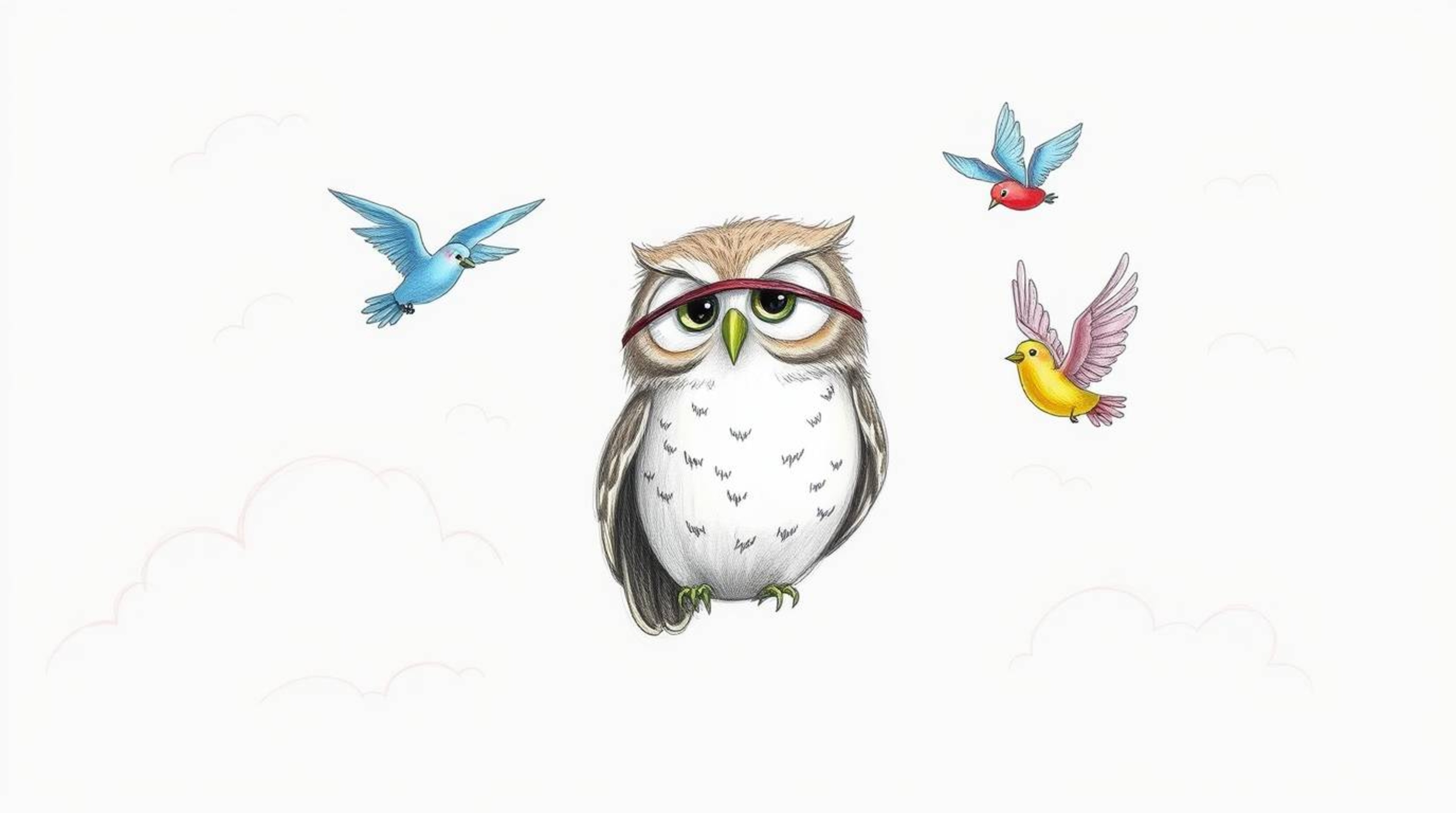 A heartwarming hand-drawn sketch in the style of Pixar depicts a blind owl with expressive eyes guiding a vibrant flock of co