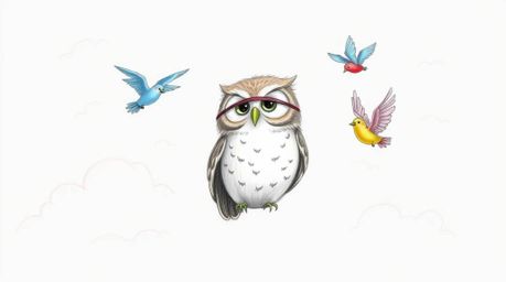 A heartwarming hand-drawn sketch in the style of Pixar depicts a blind owl with expressive eyes guiding a vibrant flock of co