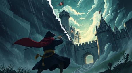 An Isekai anime-style depiction of a thief infiltrating a heavily guarded castle showcases a distinct split composition. The 