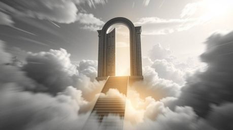 Explore a dynamic motion fantasy realism image featuring a classic black and white style, showcasing a heavenly gate floating