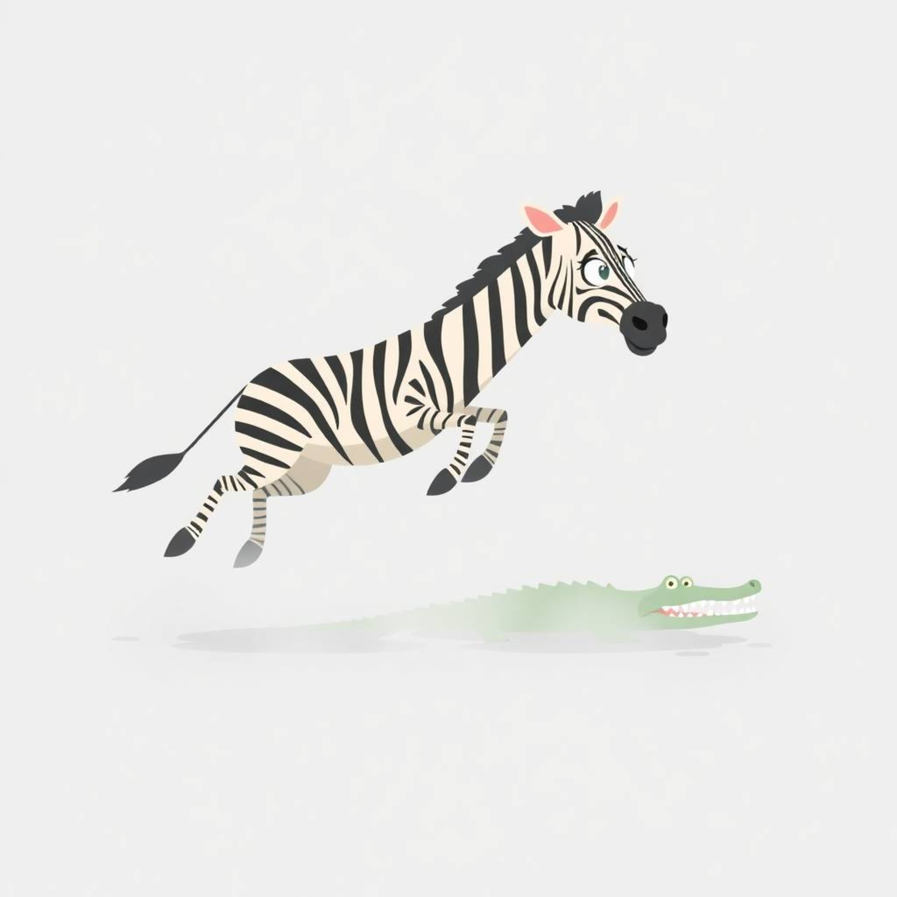 A modern flat design illustration depicts a scene shrouded in thick fog.  A 3D cartoon zebra, seemingly terrified, leaps towa