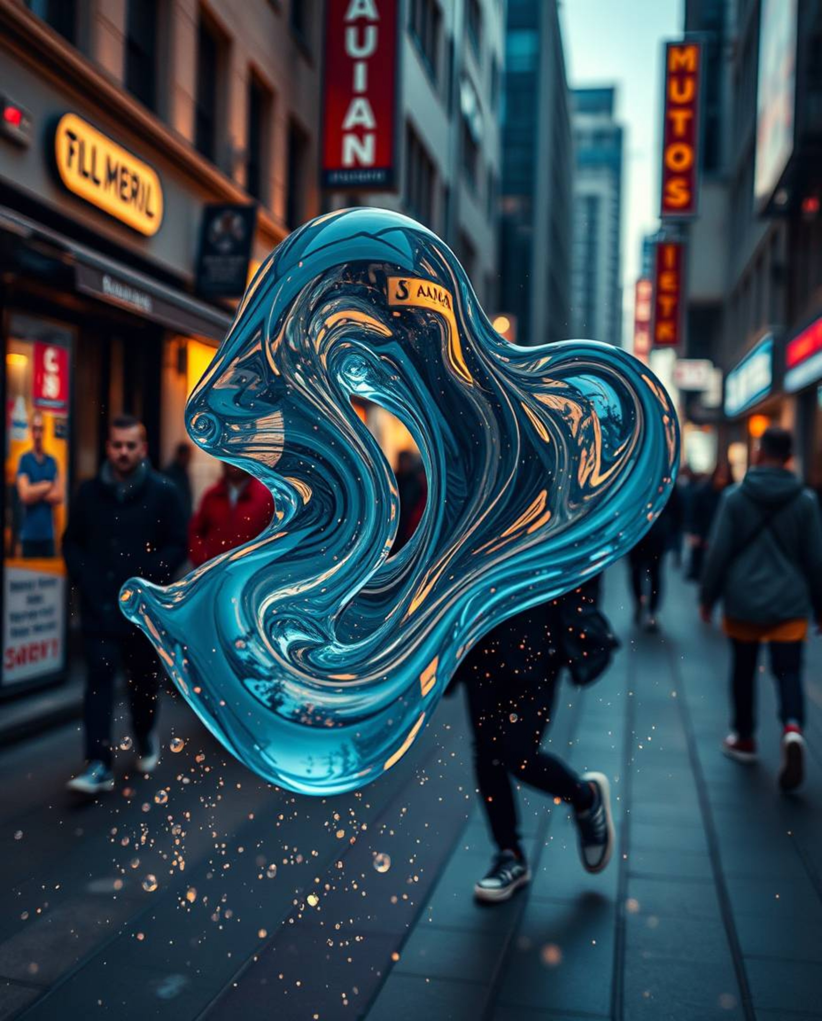 Explore candid street photography captured in a dramatic cinematic style, featuring glassy, fluid 3D shapes in motion.  Surro