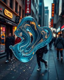 Explore candid street photography captured in a dramatic cinematic style, featuring glassy, fluid 3D shapes in motion.  Surro