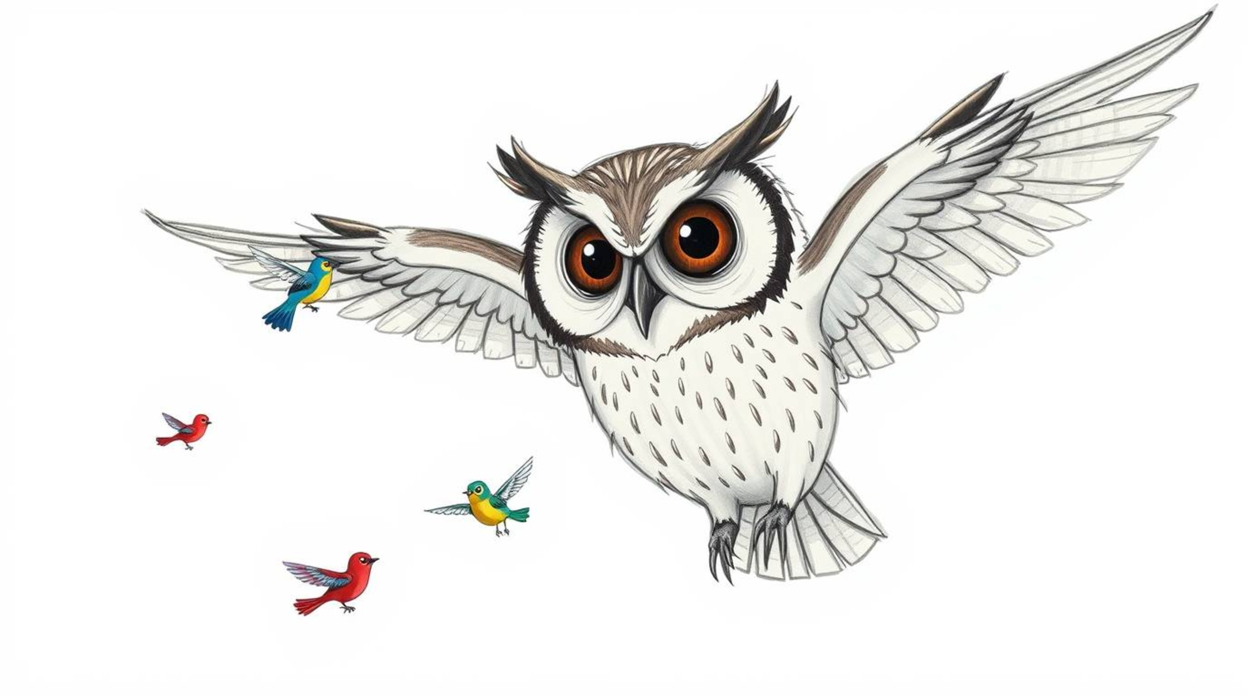 A heartwarming, Pixar-style hand-drawn sketch depicting a blind owl with large, expressive eyes teaching a flock of small, co