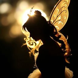 A captivating close-up silhouette of a fairy godmother emerging from a swirling vortex of sparkles. The image features drama