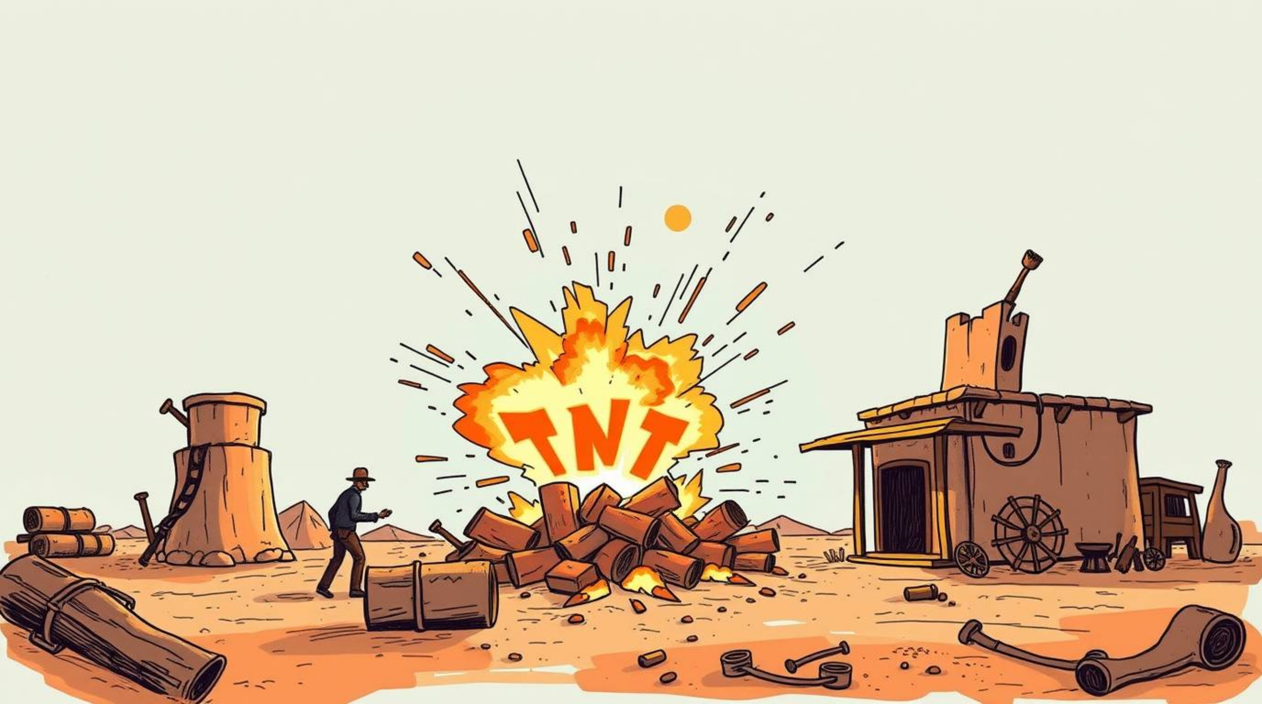 A vibrant hand-drawn sketchnote illustration depicts a classic exploding TNT gag in a Wild West setting.  The artwork feature