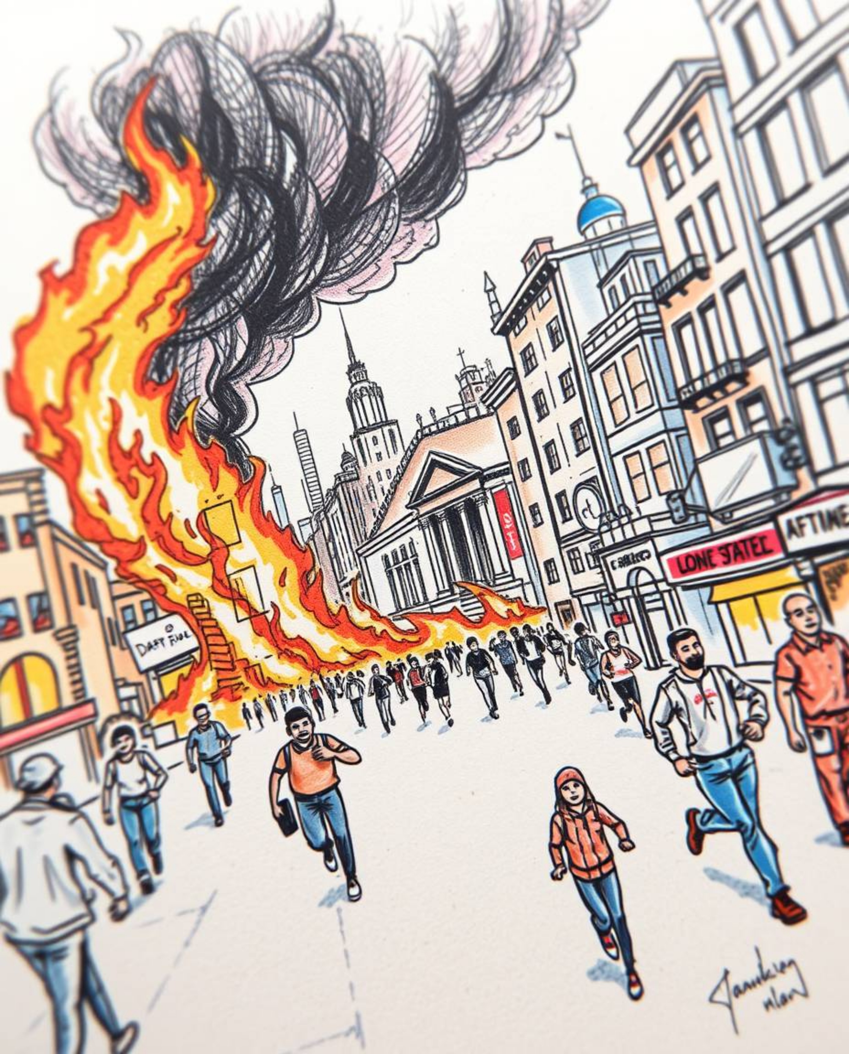 Experience an extreme macro close-up view of a hand-drawn sketch depicting a city in flames as people desperately run in all 