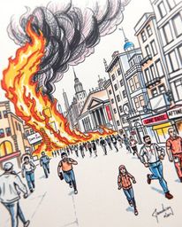 Experience an extreme macro close-up view of a hand-drawn sketch depicting a city in flames as people desperately run in all 