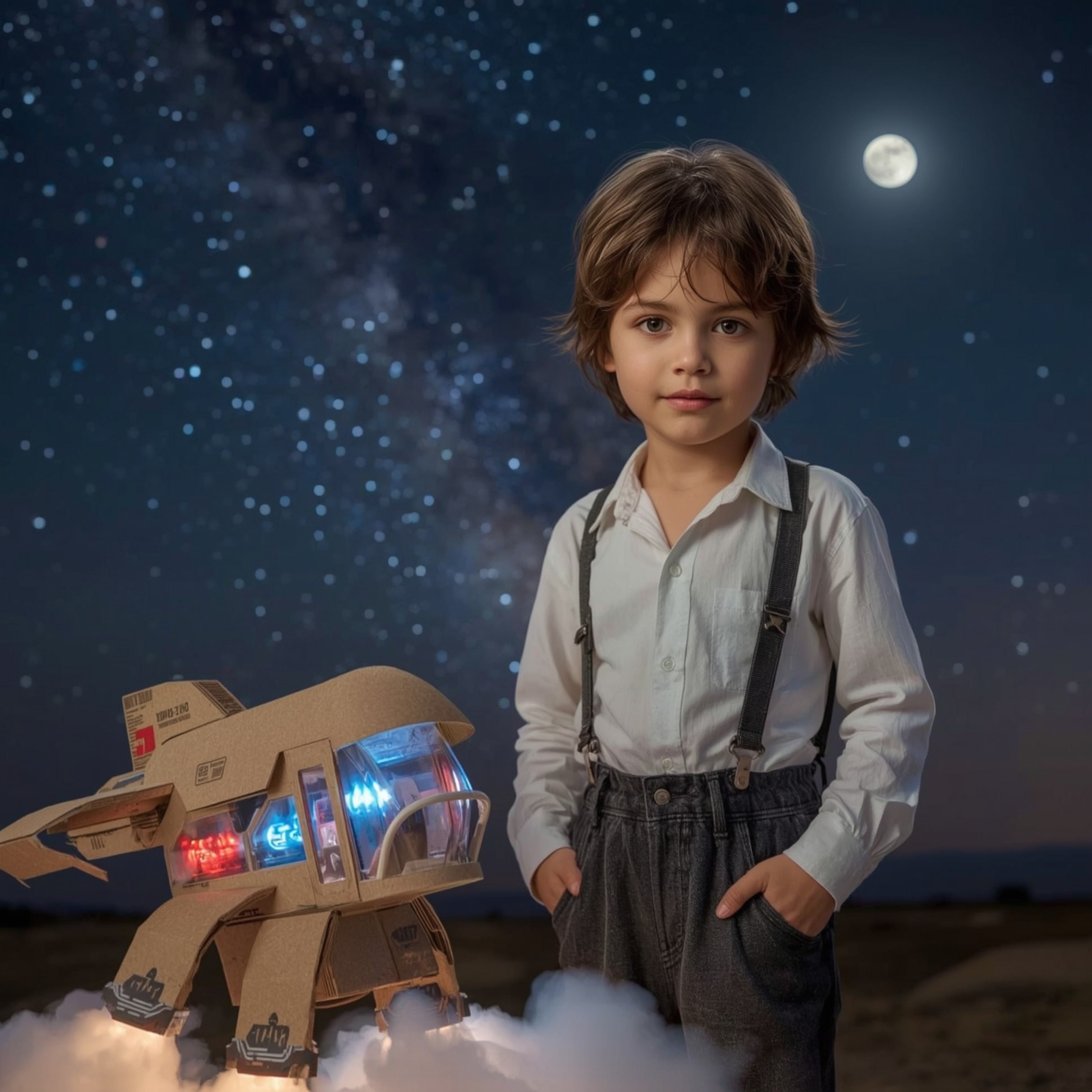Exquisite high fashion photography captures a young boy with curious features and a determined gaze, standing proudly beside 
