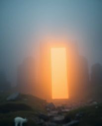This image features an ancient doorway etched with glowing runes, set into the side of a mountain shrouded in thick fog. The 