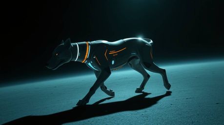 An AI-generated image depicting a futuristic dog confidently walking itself through the vast expanse of space. The scene is d