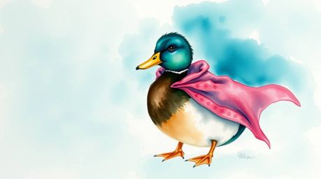 Immerse yourself in a delicate watercolor painting featuring a rich, deep teal palette. This artwork showcases a duck in a za