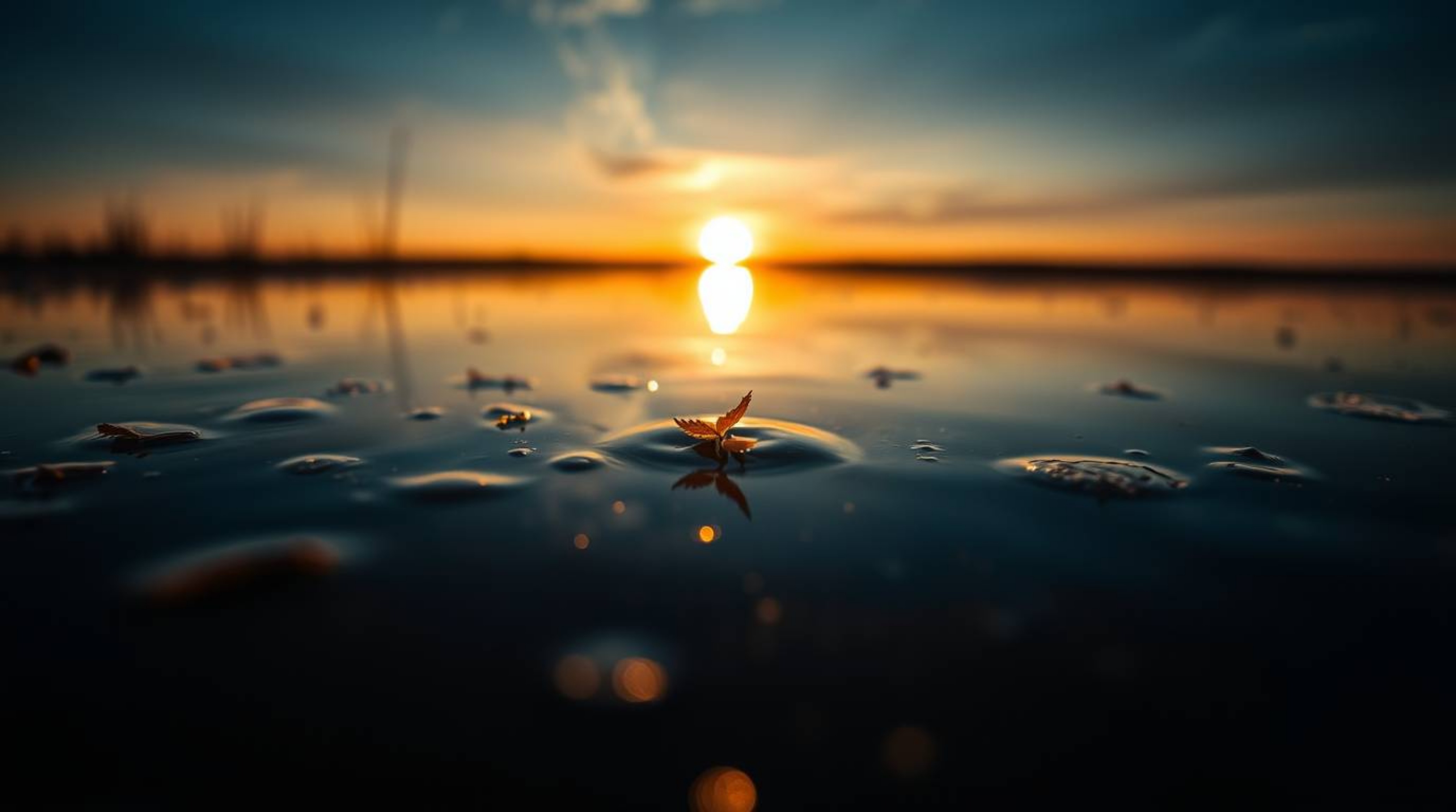 An extreme macro close-up reveals the breathtaking detail of a tranquil pond reflecting a vibrant sunset.  High contrast and 