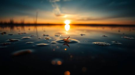 An extreme macro close-up reveals the breathtaking detail of a tranquil pond reflecting a vibrant sunset.  High contrast and 