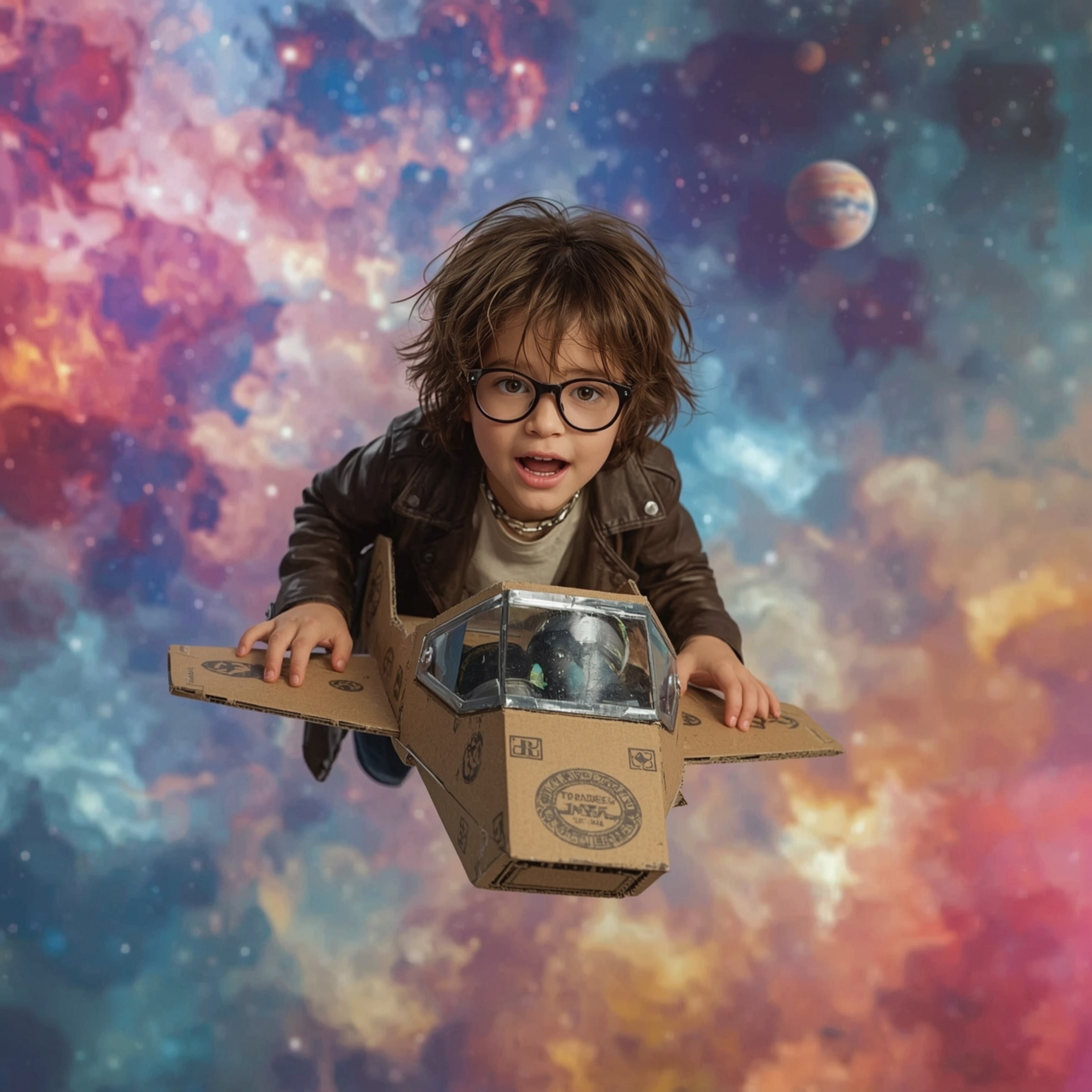 A whimsical and visually stunning high fashion photography series capturing a boy with messy brown hair and bright, curious e