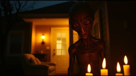 Immerse yourself in a dramatic, cinematic scene depicting an alien residing in a typical suburban house, bathed in the warm a
