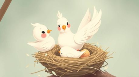 Two cartoon birds are building a nest in a classic animation style, rendered with a soft pastel color palette. This gentle an