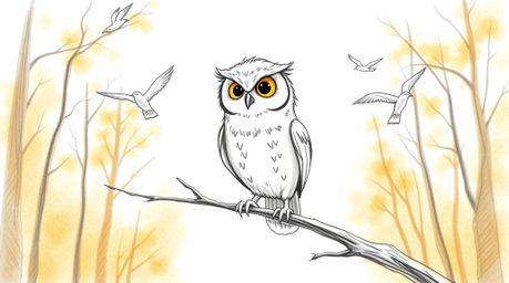 A heartwarming hand-drawn sketch in the style of Pixar, depicting a kind blind owl with slightly ruffled feathers perched on 