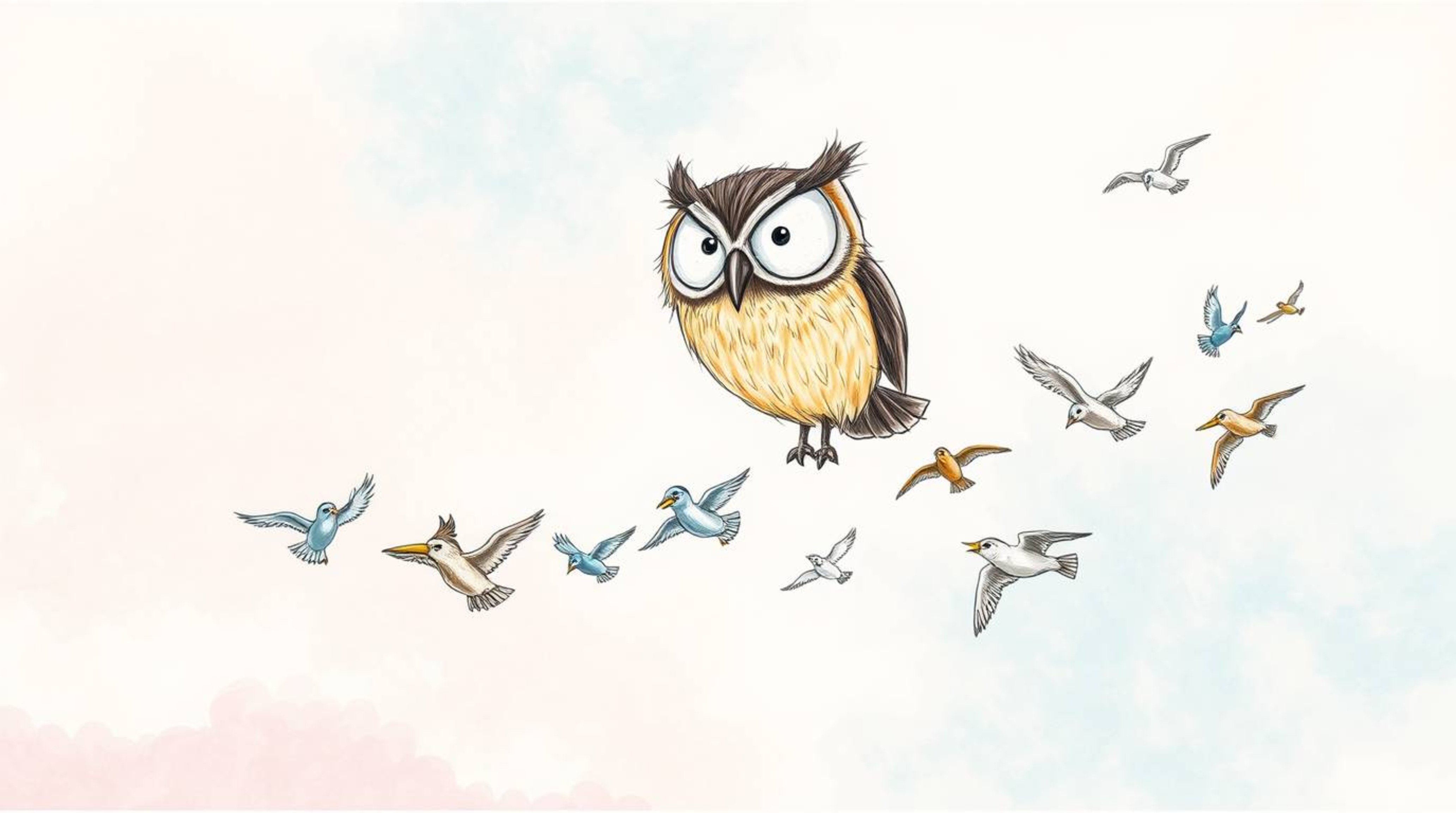 A charming hand-drawn sketch in the Pixar aesthetic depicting a blind brown owl with large, expressive eyes patiently guiding