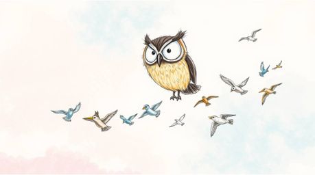 A charming hand-drawn sketch in the Pixar aesthetic depicting a blind brown owl with large, expressive eyes patiently guiding
