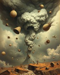 Experience a dreamlike journey into a surreal storm, where objects defy gravity and float amidst muted earth tones. This fant