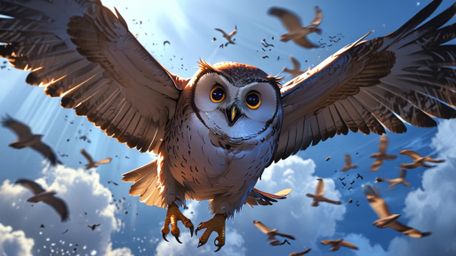 In a visually stunning and surreal scene, blending the imaginative styles of Pixar and anime, a wise blind owl guides its stu