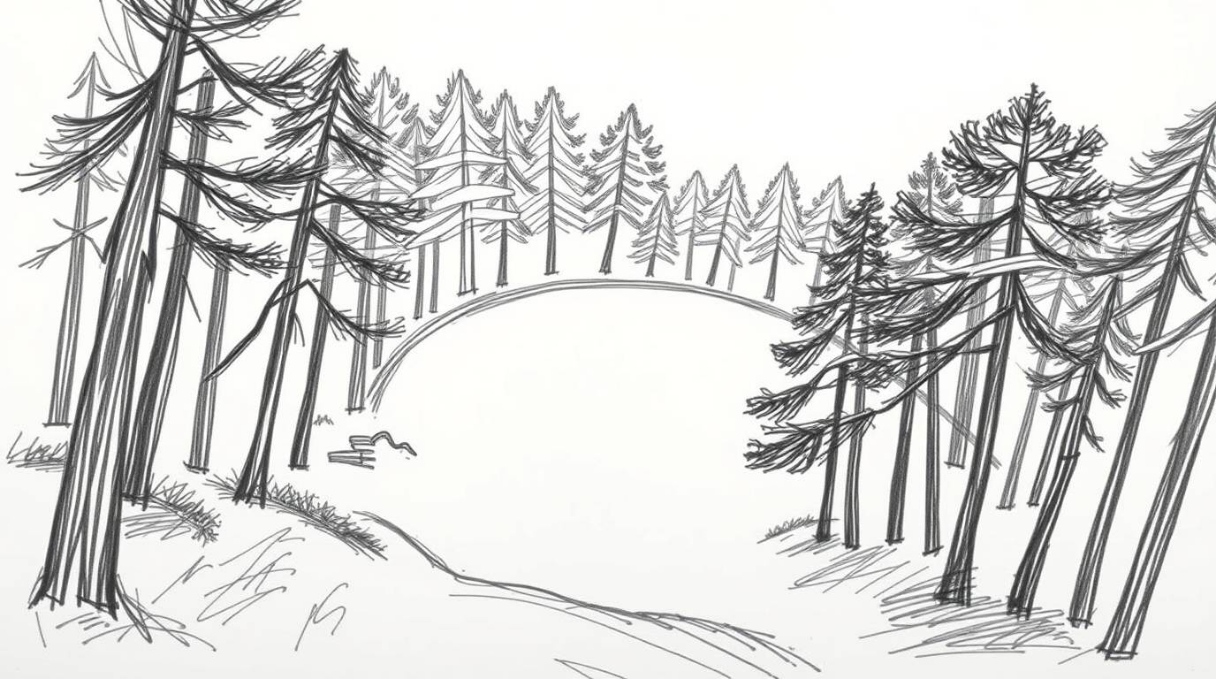 Explore a thrilling chase through a looping forest depicted in a hand-drawn, high-angle sketch.  Rough, textured pencil strok