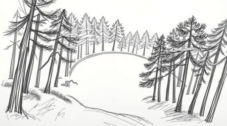 Explore a thrilling chase through a looping forest depicted in a hand-drawn, high-angle sketch.  Rough, textured pencil strok
