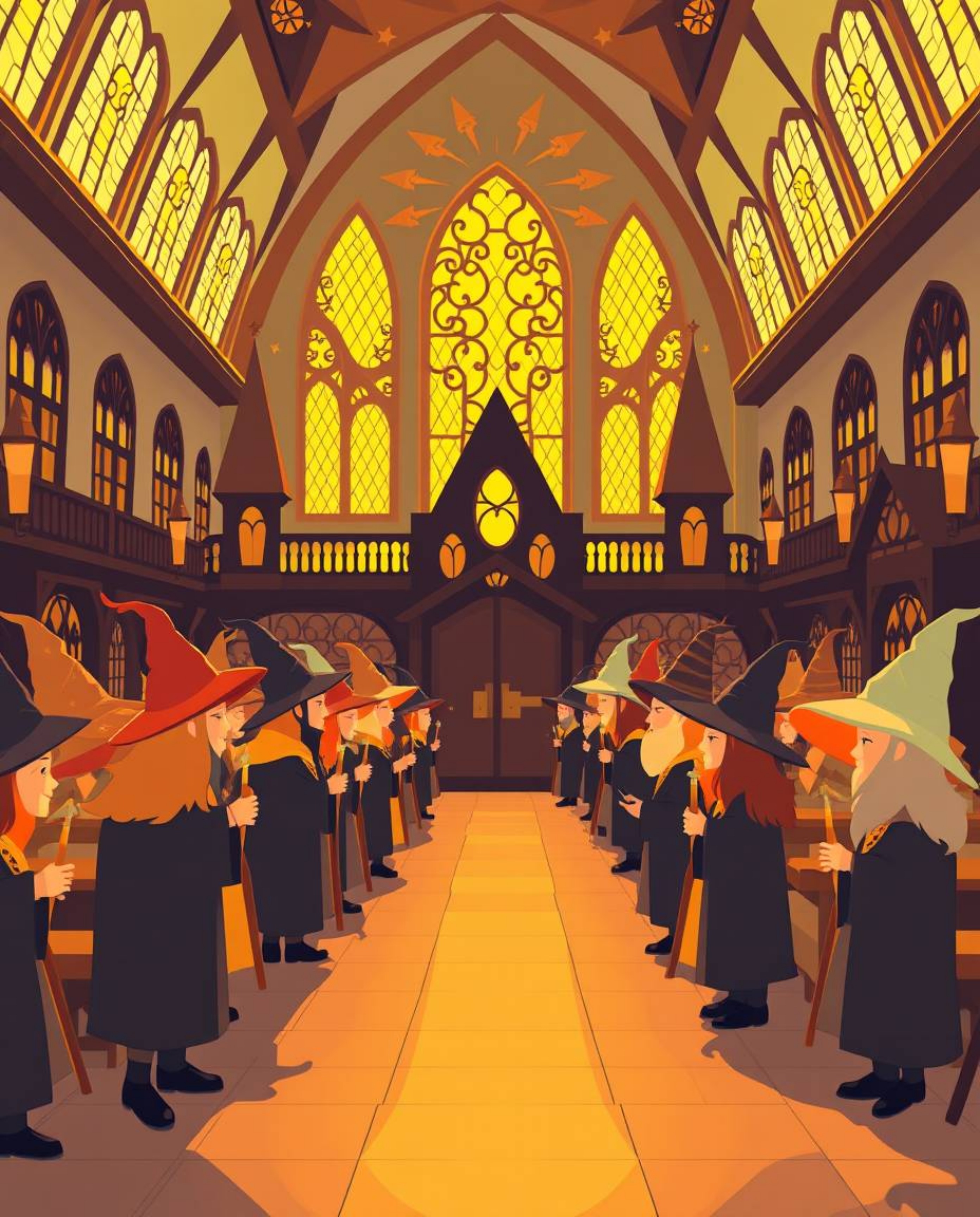 Step into a world of wonder at a magical school brimming with young wizards, rendered in a modern and captivating flat design