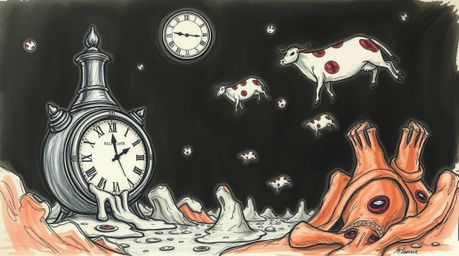Explore an eerie, hand-drawn sketch depicting a surreal dreamscape filled with melting clocks and floating cows.  The artwork