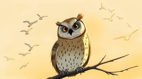 Experience the heartwarming scene of a blind owl, rendered in a hand-drawn, sketchnote style inspired by Pixar, as it imparts