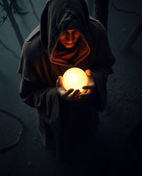 Captured from a high-angle perspective, this image features a cloaked figure standing in a misty forest, clutching a glowing 