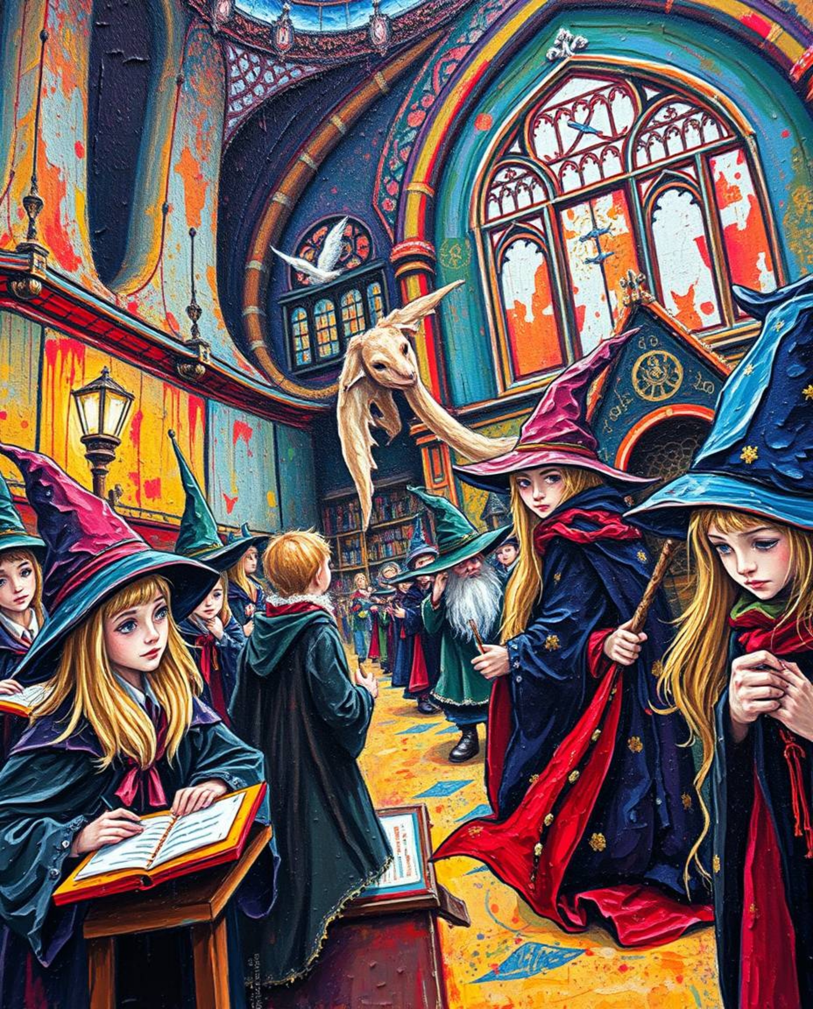 An extreme macro close-up reveals the intricate details of a bold acrylic painting, bringing to life a magical school teeming