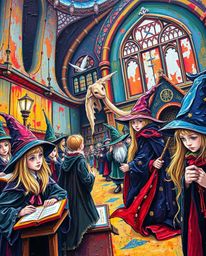 An extreme macro close-up reveals the intricate details of a bold acrylic painting, bringing to life a magical school teeming