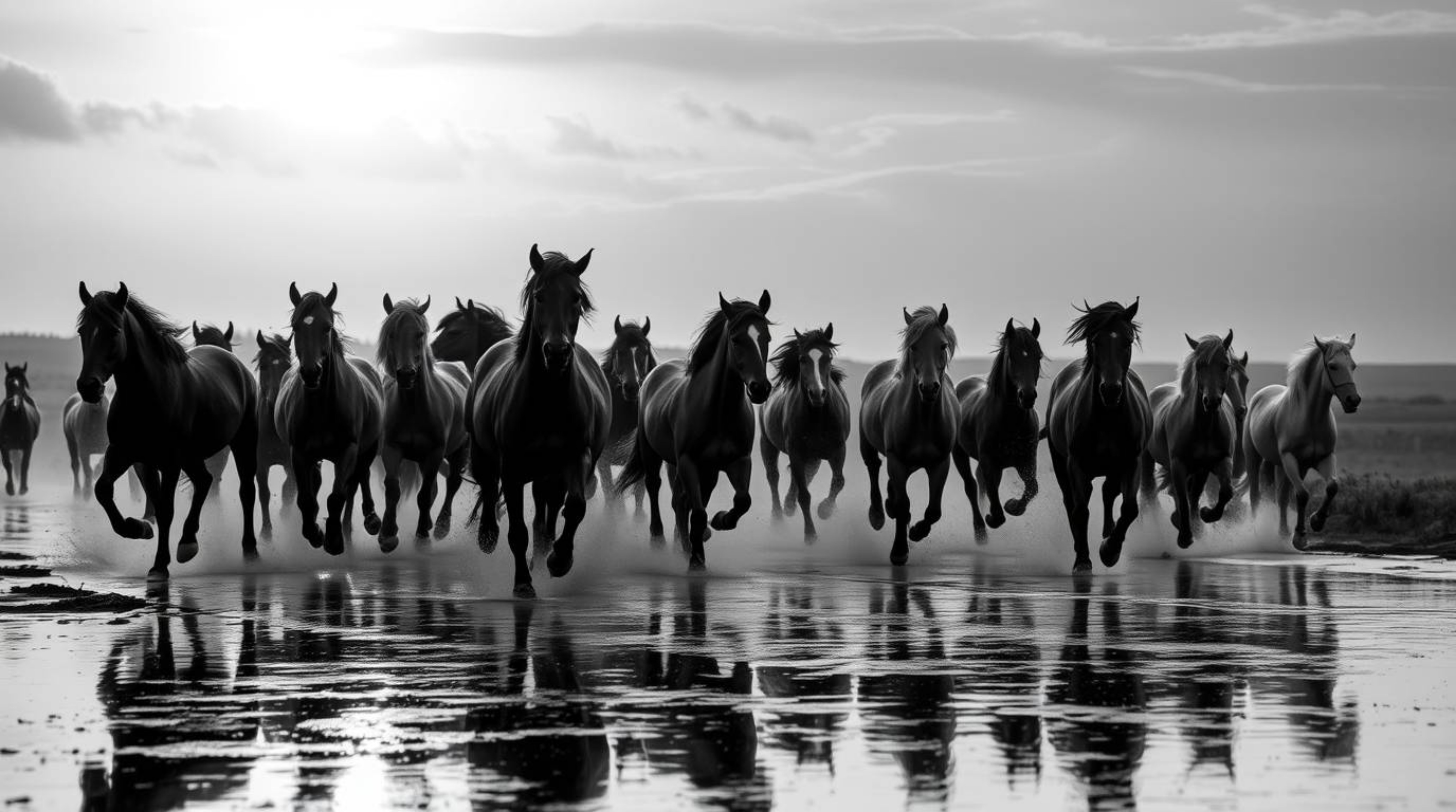A timeless, elegant black and white photograph captures a herd of wild horses running freely under a dramatic, glowing sky.  