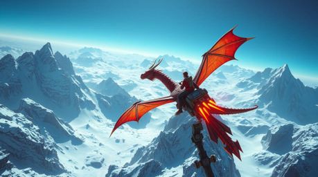 Experience a breathtaking high-angle view of a futuristic sci-fi scene featuring a dragon and its rider soaring above majesti