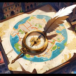 Explore a beautifully aged vintage map of an old city, complete with the timeless tools of navigation and writing. This image